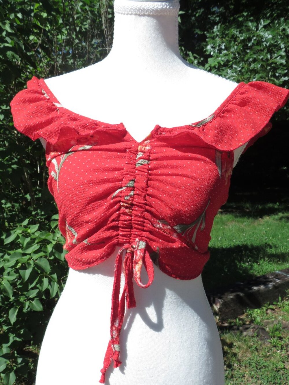 Vintage Y2K Red Ruched Floral Crop Top | Morning Kisses NY | Cottagecore Ruffle